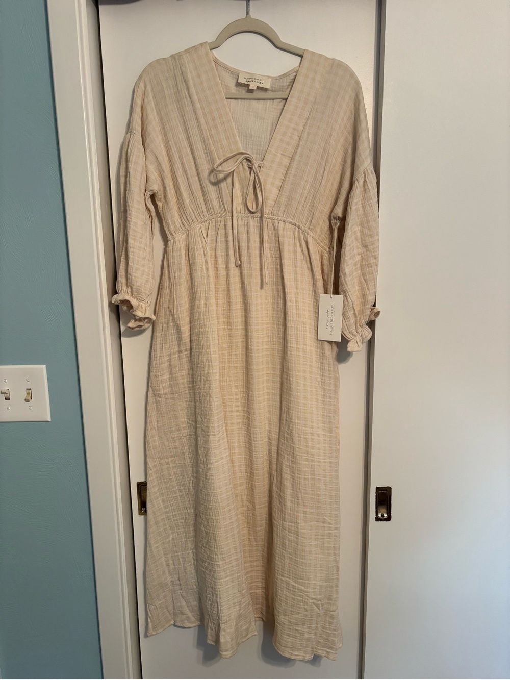 Worth Collective 100% Cotton Hunter Custard Lined V-Neck Tie-Front Midi Dress
